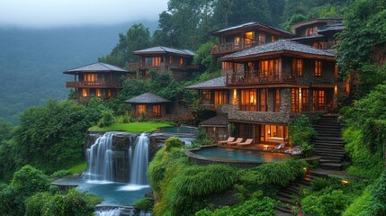 Obraz premium Serene hillside resort with modern architecture, lush greenery, and a cascading waterfall.