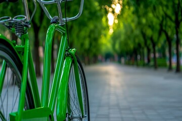 Naklejka premium On a warm day, green bicycles are parked in rows beside a winding path, shaded by lush trees with sunlight dappling through the leaves.