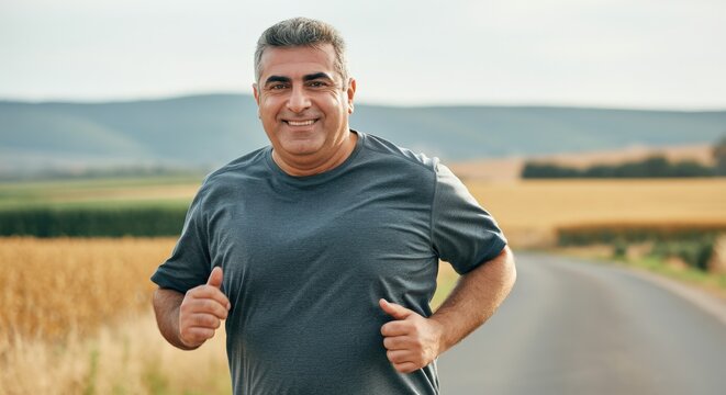 Mature middle-eastern man jogging on rural road with scenic background - Powered by Adobe