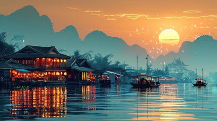 Fototapeta premium flat design, illustration, The Floating Market: Exploring new flavors in a local market