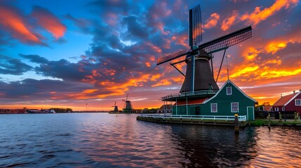 Stunning Sunset Over Traditional Dutch Windmills and Vibrant Sky