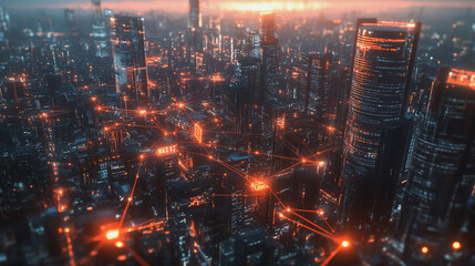 Obraz premium Smart digital Innovation city with connection network reciprocity over the cityscape. of future smart wireless city and social media networking systems that connects business people with in city