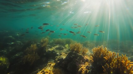 Fototapeta premium Sunlit Underwater Scene With Fish and Coral Reef