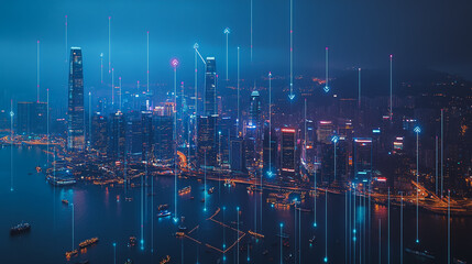 Fototapeta premium Smart digital Innovation city with connection network reciprocity over the cityscape. of future smart wireless city and social media networking systems that connects business people with in city