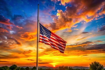 Obraz premium American Flag at Half-Mast, Sunset Long Exposure Photography