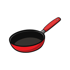 frying pan in black with a red handle.eps