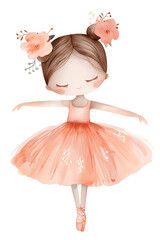 Beautiful baby doll ballerina in light pink tutu skirt with flowers, delicate watercolor illustration. Nursery poster design, limited color palette cute poster
