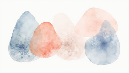 Abstract watercolor shapes in blue, coral, and beige tones