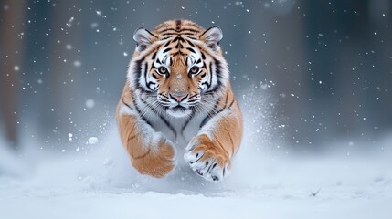 Through the snowfall, a formidable tiger makes its presence known, showcasing its might in a wintry environment. This evocative image can be utilized for wildlife conservation projects and nature