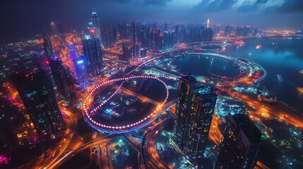 Smart digital Innovation city with connection network reciprocity over the cityscape. of future smart wireless city and social media networking systems that connects business people with in city