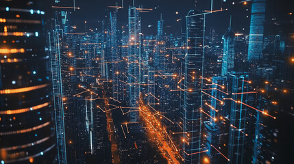 Smart digital Innovation city with connection network reciprocity over the cityscape. of future smart wireless city and social media networking systems that connects business people with in city