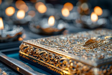 Orthodox Christmas Day.Detailed view of a beautifully crafted religious book surrounded by glowing candles.