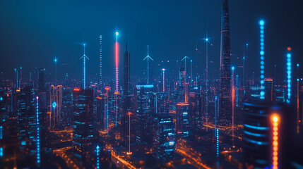 Obraz premium Smart digital Innovation city with connection network reciprocity over the cityscape. of future smart wireless city and social media networking systems that connects business people with in city
