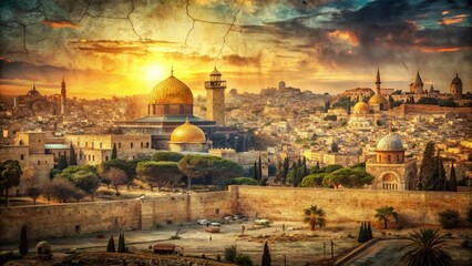Fototapeta premium Ancient Jerusalem Cityscape Double Exposure: Artistic Map Overlay Stock Photo