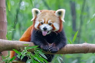 Fototapeta premium A charming red panda sticks out its tongue while munching on bamboo. A close-up captures the furry animal's face with its tongue out. The red panda enjoys bamboo shoots in its natural environment.