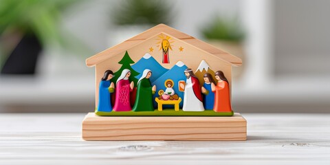 Orthodox Christmas Day.A colorful carved representation of the Nativity, featuring Mary, Joseph, and baby Jesus surrounded by candles.