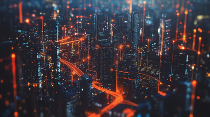 Obraz premium Smart digital Innovation city with connection network reciprocity over the cityscape. of future smart wireless city and social media networking systems that connects business people with in city