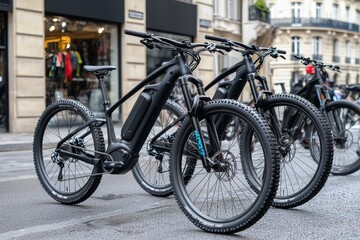 In London, two electric bikes are parked, demonstrating a sustainable and environmentally friendly means of transport. They rest against a building, embodying urban life, while the cobblestone street