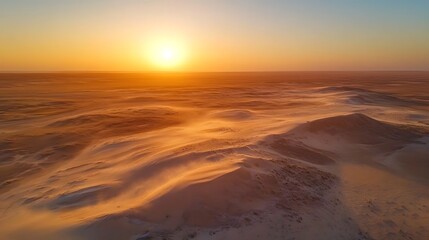 Aerial Photo: Golden Sunset Gently Illuminates Shifting Desert Sands. AI Generated