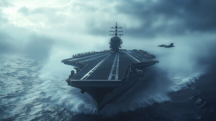 Aircraft carrier navigating turbulent waters during a cloudy day with fighter jet preparing for takeoff
