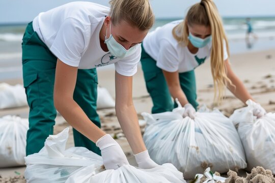 National Youth Day.Young volunteers wearing masks and gloves as they collect litter from a beach to protect the environment.