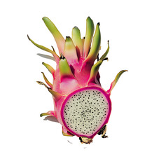 Sliced Pink Dragon Fruit with Leaves on White Background
