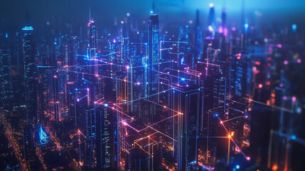 Fototapeta premium Smart digital Innovation city with connection network reciprocity over the cityscape. of future smart wireless city and social media networking systems that connects business people with in city