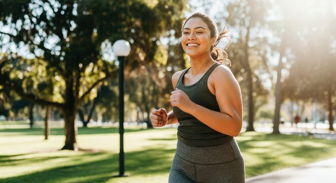 Vibrant young hispanic woman enjoying a morning jog in a sunlit park - Powered by Adobe