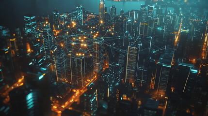Obraz premium Smart digital Innovation city with connection network reciprocity over the cityscape. of future smart wireless city and social media networking systems that connects business people with in city