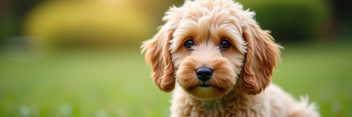 Adorable Cockapoo Puppy with Golden Fur and Big Brown Eyes Poses in a Green Garden Setting
