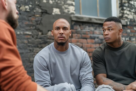 National Youth Day.Three men sitting together in casual attire, engaged in a serious outdoor conversation. - Powered by Adobe