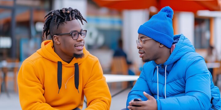 National Youth Day.Three men sitting together in casual attire, engaged in a serious outdoor conversation. - Powered by Adobe
