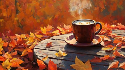 Steaming Autumn Coffee: A Warm Digital Painting in Vibrant Fall Colors. AI Generated