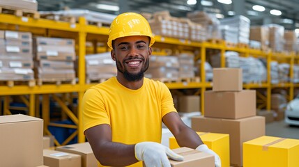 National Youth Day.Teen volunteers in matching red caps and shirts moving labeled boxes in a warehouse.
