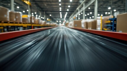 Fast conveyor belt in blurred warehouse.