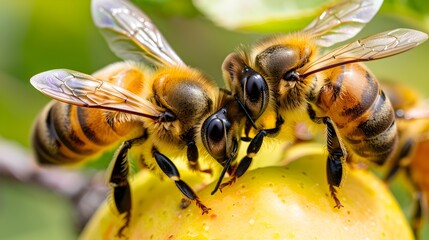 Naklejka premium Close-up of Honey Bees Pollinating Yellow Fruit on Branch