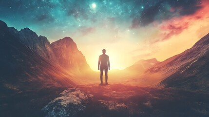 Obraz premium Silhouetted Figure Contemplating Vibrant Cosmic Sunset Over Majestic Mountains: Digital Painting in a Dreamlike Style. AI Generated