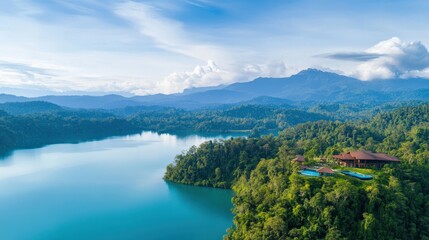 Obraz premium Scenic Aerial View of Lush Green Landscape with Serene Lake, Majestic Mountains, and Luxurious Resort Surrounded by Nature's Beauty and Tranquility