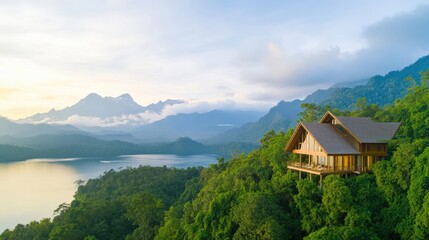Serene Wooden Cabin Overlooking Majestic Lake and Mountains in a Lush Green Landscape, Enveloped by Nature's Tranquil Beauty at Sunrise.