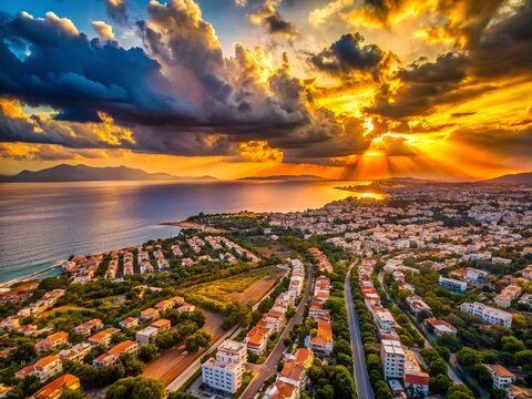 Athens Southern Suburbs Aerial Panorama: Voula, Glyfada, Elliniko Sunset