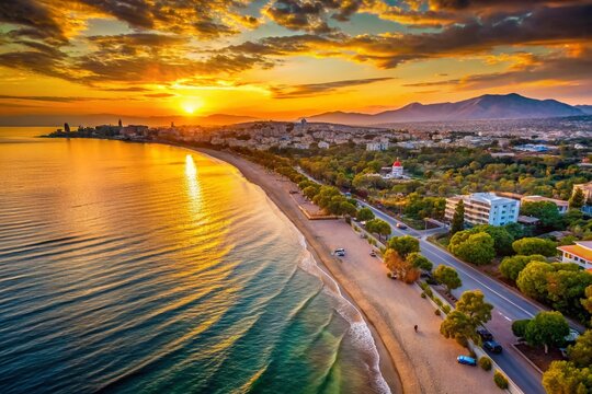 Athens Glyfada Beach Sunset: Aerial View of Aegean Sea Twilight