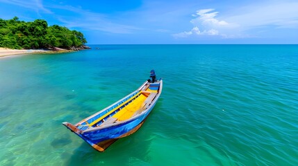 Fototapeta premium Colorful Wooden Boat Floating on Clear Tropical Waters with Island