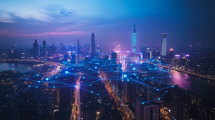 Fototapeta premium Smart digital Innovation city with connection network reciprocity over the cityscape. of future smart wireless city and social media networking systems that connects business people with in city