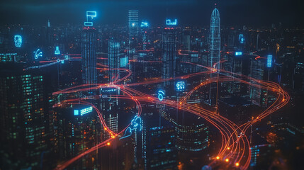 Obraz premium Smart digital Innovation city with connection network reciprocity over the cityscape. of future smart wireless city and social media networking systems that connects business people with in city