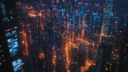 Fototapeta premium Smart digital Innovation city with connection network reciprocity over the cityscape. of future smart wireless city and social media networking systems that connects business people with in city