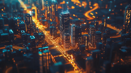 Smart digital Innovation city with connection network reciprocity over the cityscape. of future smart wireless city and social media networking systems that connects business people with in city