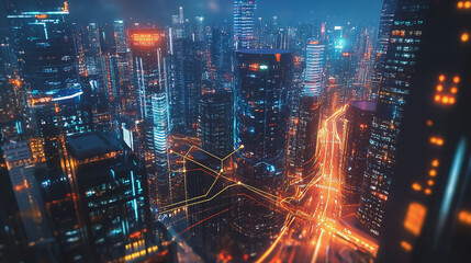 Smart digital Innovation city with connection network reciprocity over the cityscape. of future smart wireless city and social media networking systems that connects business people with in city