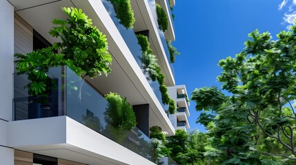 Modern Architecture with Green Balconies and Lush Plant Life