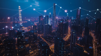 Fototapeta premium Smart digital Innovation city with connection network reciprocity over the cityscape. of future smart wireless city and social media networking systems that connects business people with in city