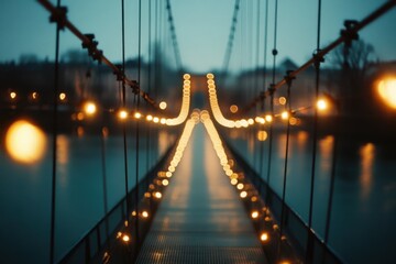 Fototapeta premium A serene evening view of a lit suspension bridge over water, creating a tranquil atmosphere.